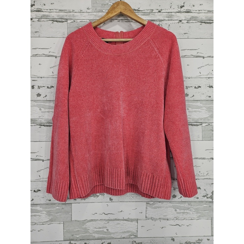 Talbots Women XL Coral Pink Chenille Crew Neck Back Zip Pullover Sweater Cotton
